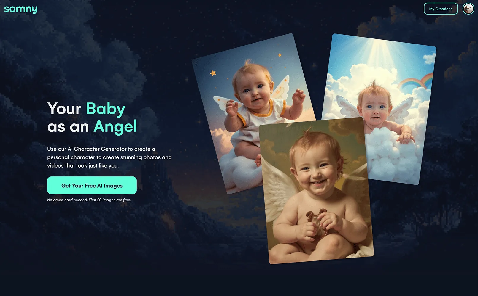 The Somny home page, a pixel-art night sky behind the product's own headline.