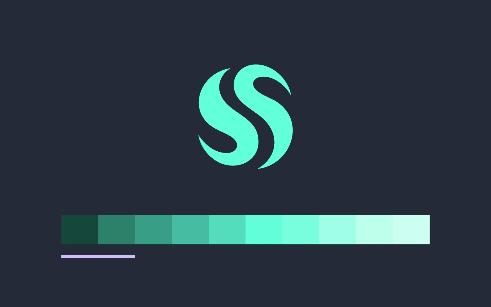 The Somny logo mark, two cyan strokes reading as an S and as two figures turned away from each other, above the ten steps of the primary color ramp and a short lavender secondary bar.