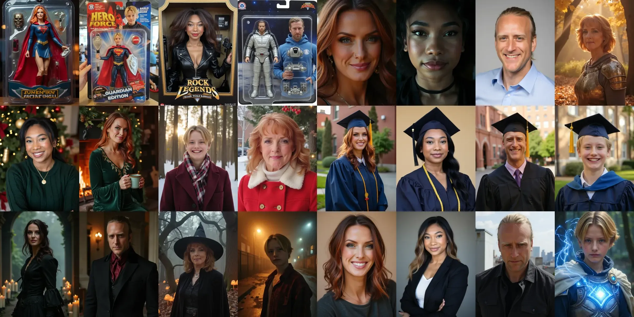 Twenty-four finished images from six different landing pages: action-figure packaging, avatar portraits, Christmas scenes, graduation photographs, Halloween costumes and professional headshots. The same small cast recurs across all six topics.