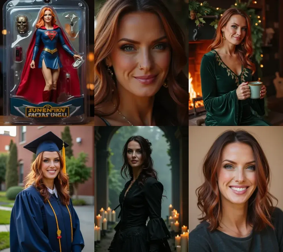 The same character in six images, one from each landing page: an action figure, an avatar portrait, a Christmas scene, a graduation photograph, a Halloween costume and a headshot.