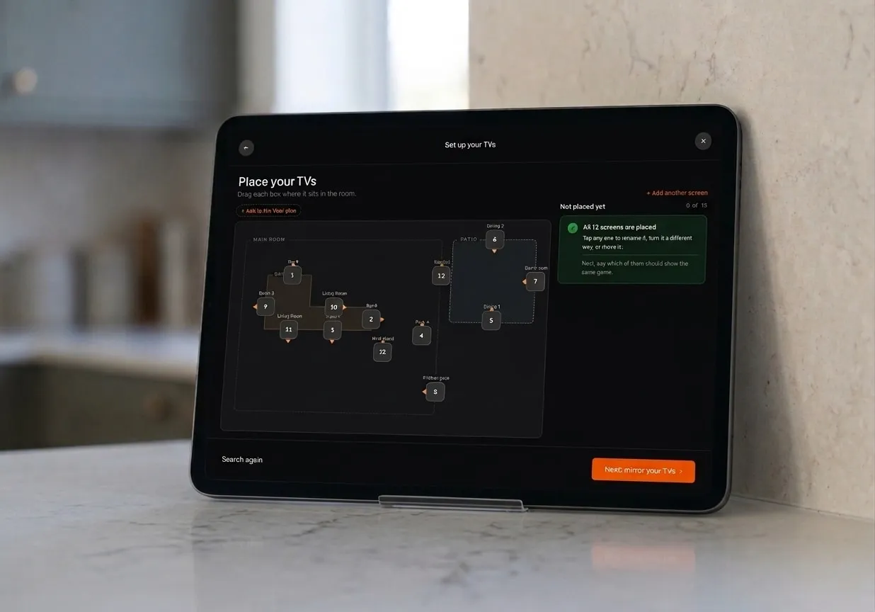 A floor plan headed Place your TVs, with thirteen numbered screen markers each carrying a facing arrow, arranged across a main room and a patio and labeled with the names the venue already uses for those spots.