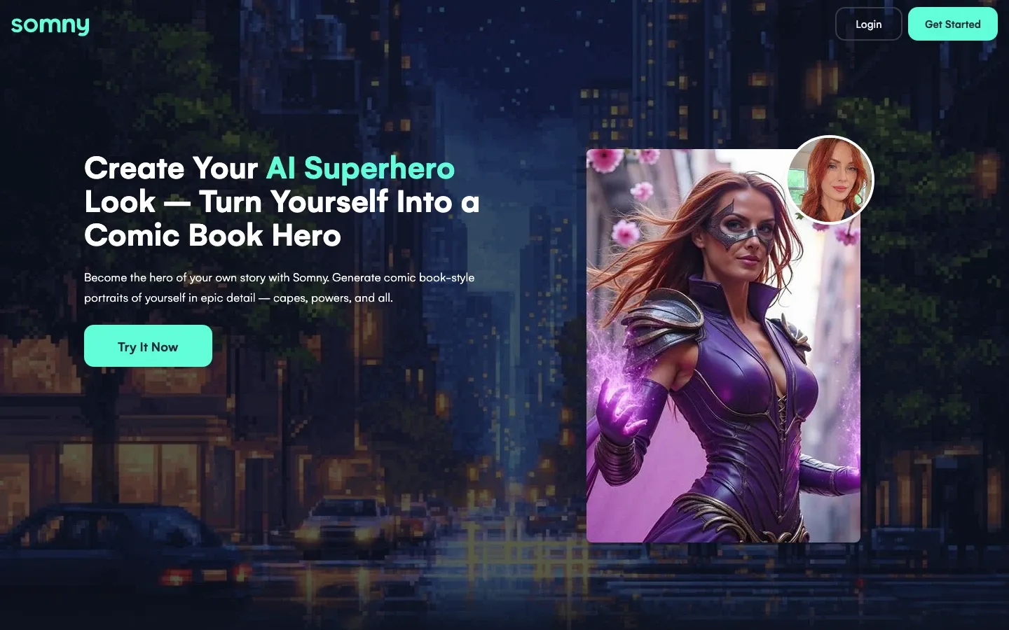 A live marketing page headed "Create Your AI Superhero Look", with a generated comic-book portrait beside it and a small photograph of the person it was built from.