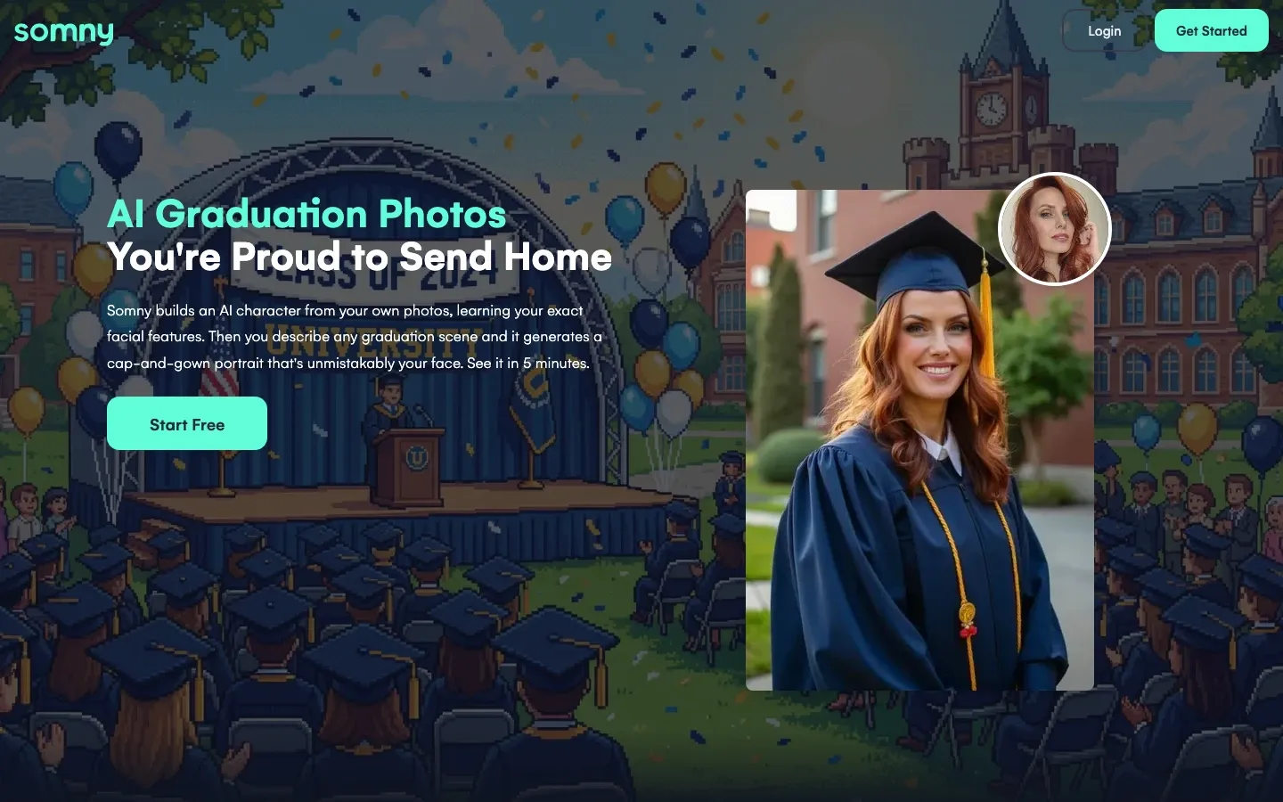 The live graduation photos page, a cap-and-gown portrait beside the headline.