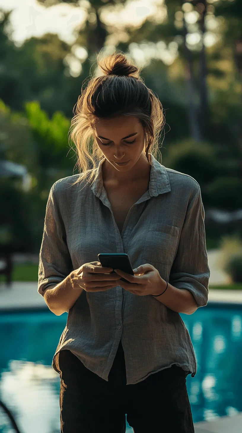 A pool owner using the redesigned app beside a lit pool at dusk.