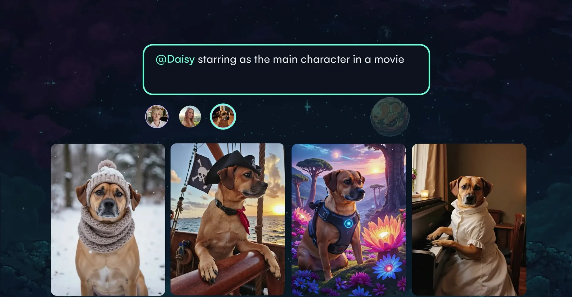 A single prompt line reading "@Daisy starring as the main character in a movie", with a row of small character portraits underneath and the dog's portrait ringed to show it is selected. Below sit four generated images of the same dog in different scenes.