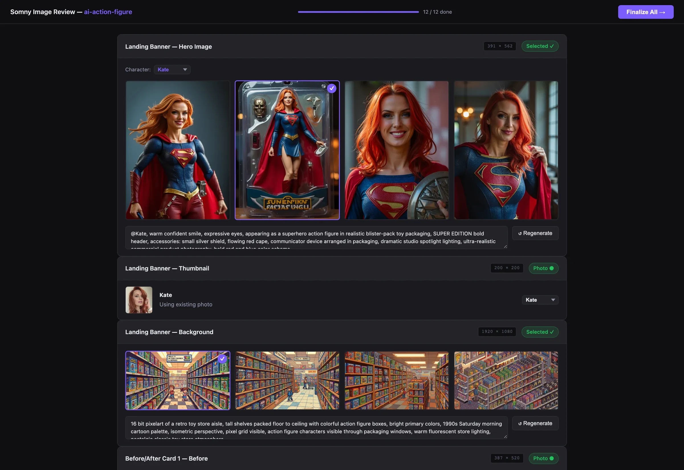 The review screen, one card per image slot. Each card shows the slot's name and pixel size, the assigned character, four generated candidates with one ringed as chosen, and the prompt that made them beside a Regenerate button.