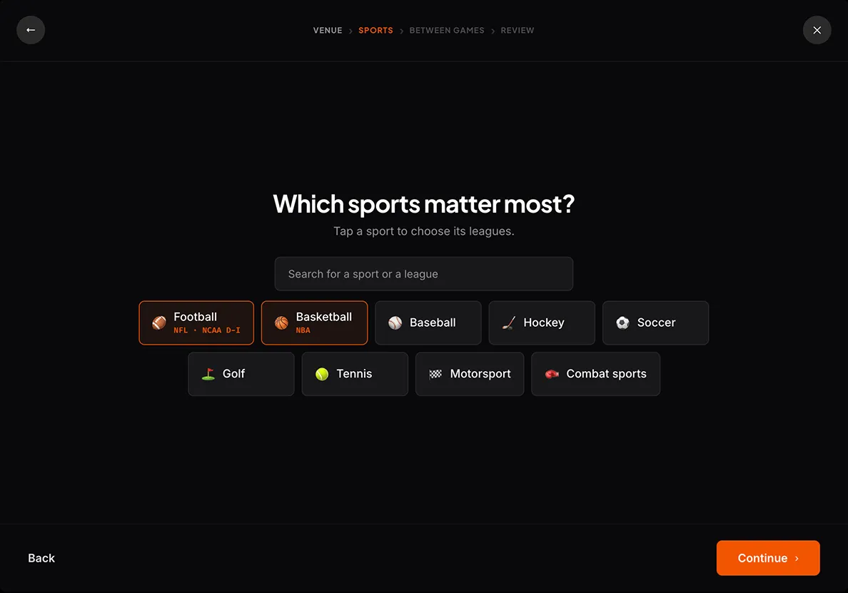 The original sports screen asking "What sports do your customers enjoy the most?" above thirteen chips that are mostly leagues, including NFL, NCAA Football, NBA and NCAA Basketball, with a View More link beneath.