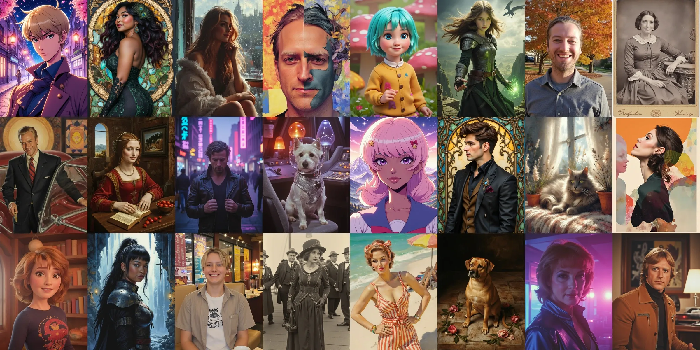 Twenty-four portraits of the same handful of people and pets, each in a different visual style: anime, art nouveau, painterly, cubist, 3D render, fantasy armour, autumn photography, an 1880s cabinet card, a 1950s advertisement, renaissance oil, synthwave and retro-futurism.